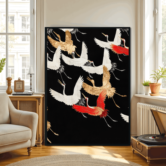 Japanese Flying Cranes Vintage Wall Art Print