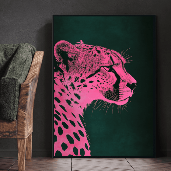 Pink Cheetah on A Dark Green Background